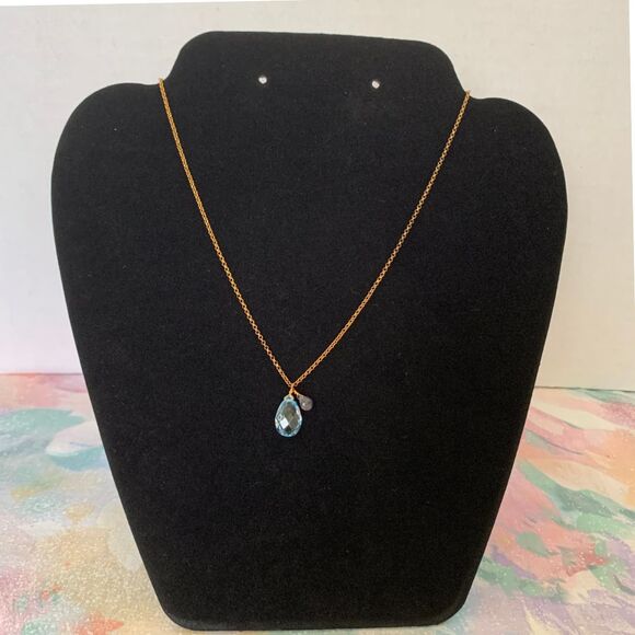 Blue Teardrop Crystal Pendant with Gold Chain Necklace - Picture 1 of 5